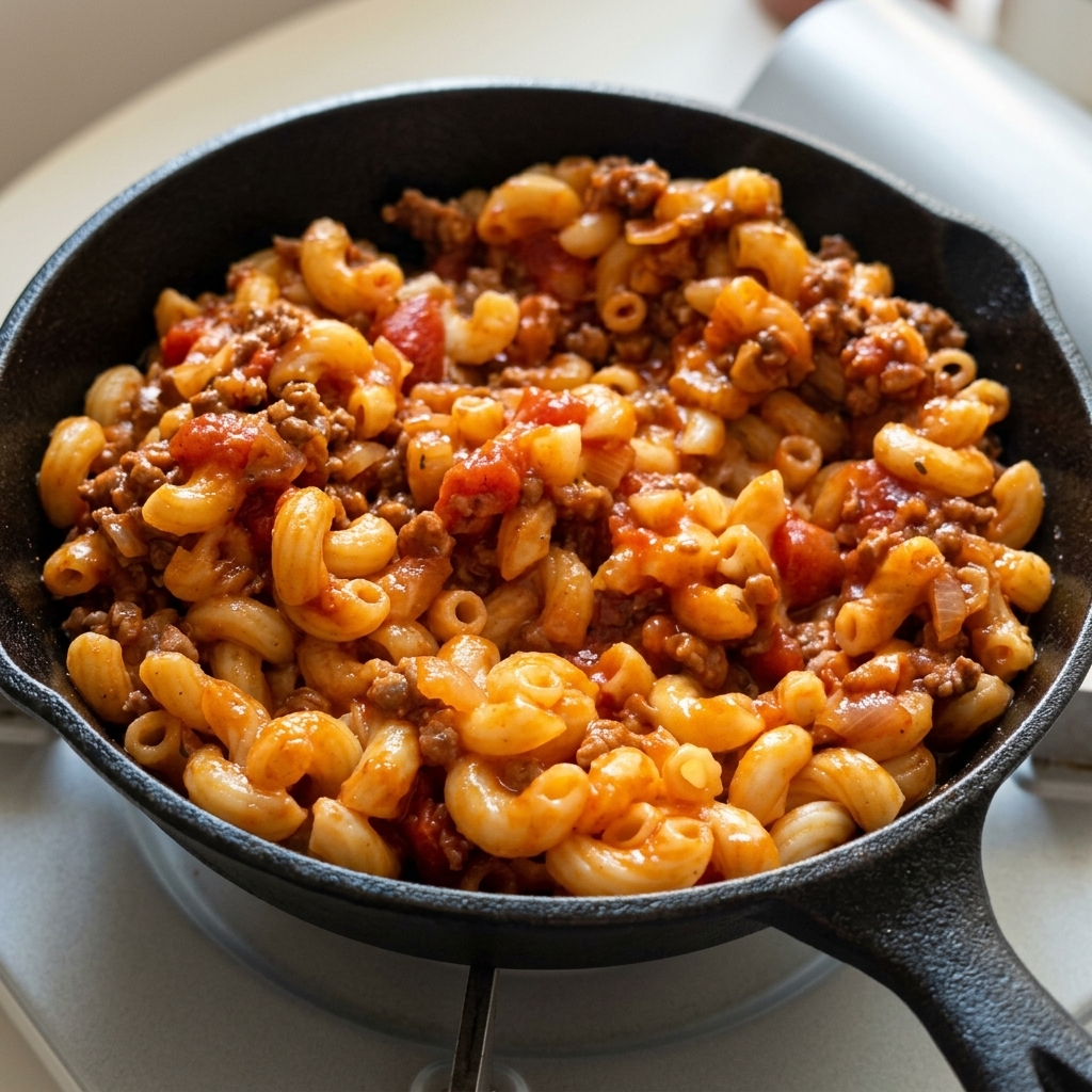 Maccheroni completamente avvolti da un ricco ragù di manzo e pomodoro in una padella di ghisa.