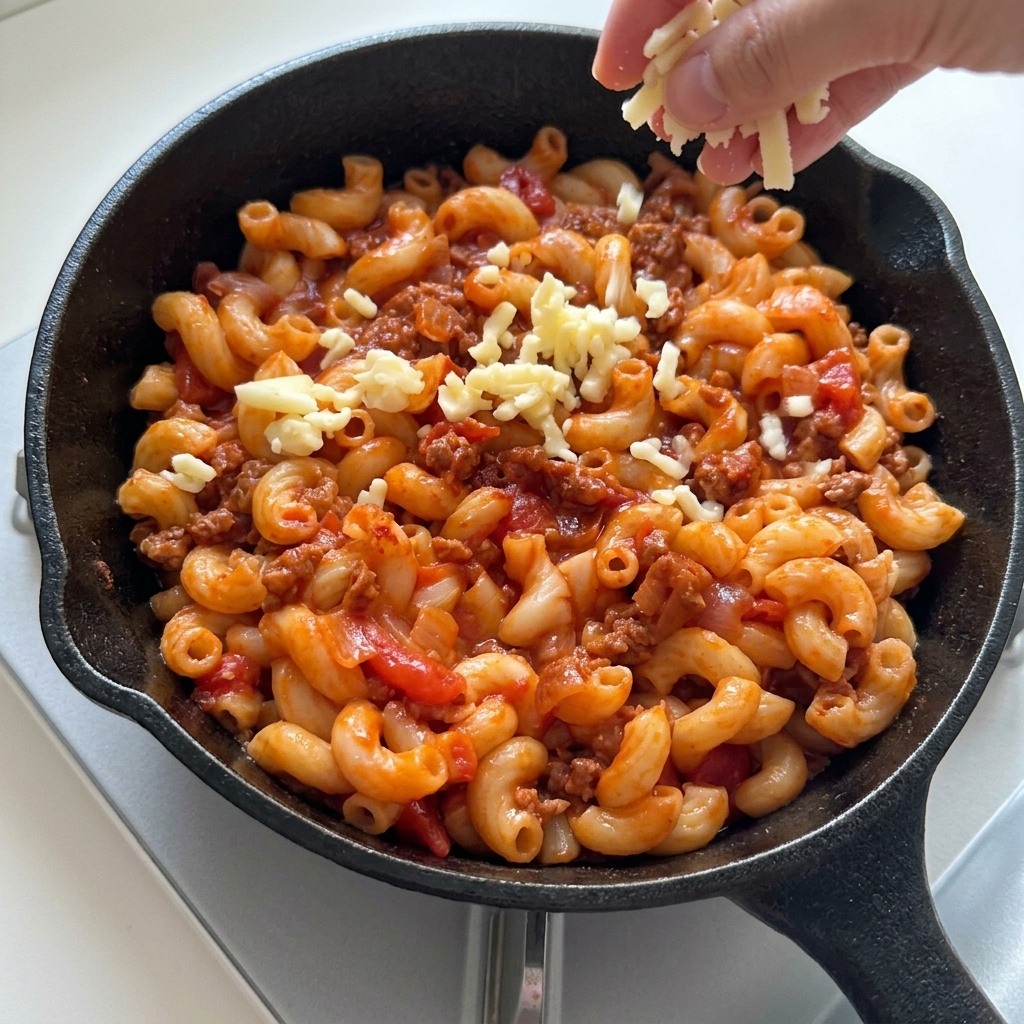 Una mano che cosparge uno strato abbondante di mozzarella grattugiata sulla pasta al ragù in padella.