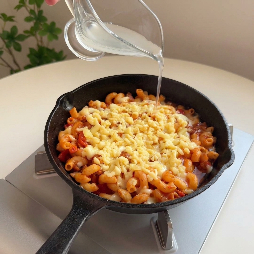 Acqua di cottura limpida versata da una caraffa sui bordi di una padella di maccheroni filanti.