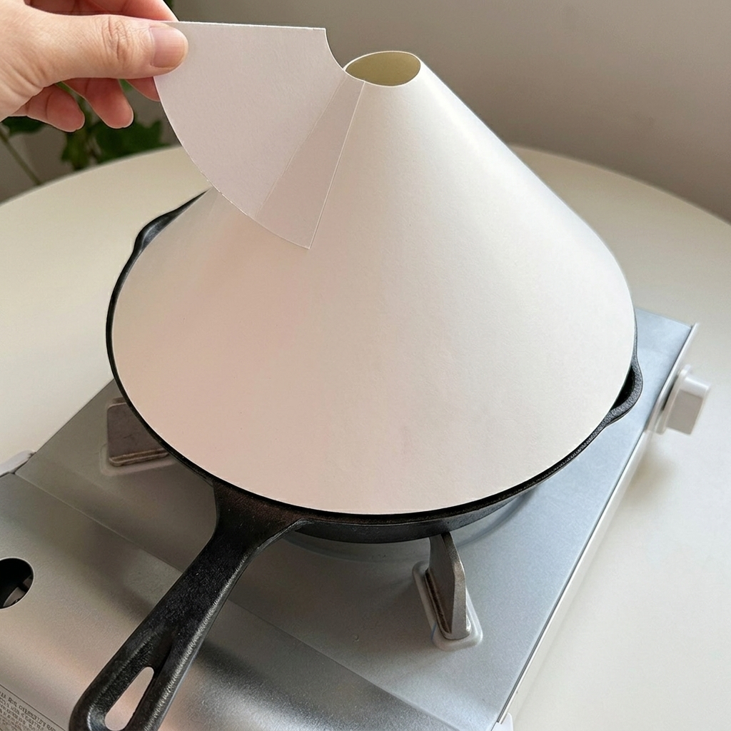 Una mano che posiziona un coperchio conico di carta sopra una padella di ghisa su un fornello a gas.