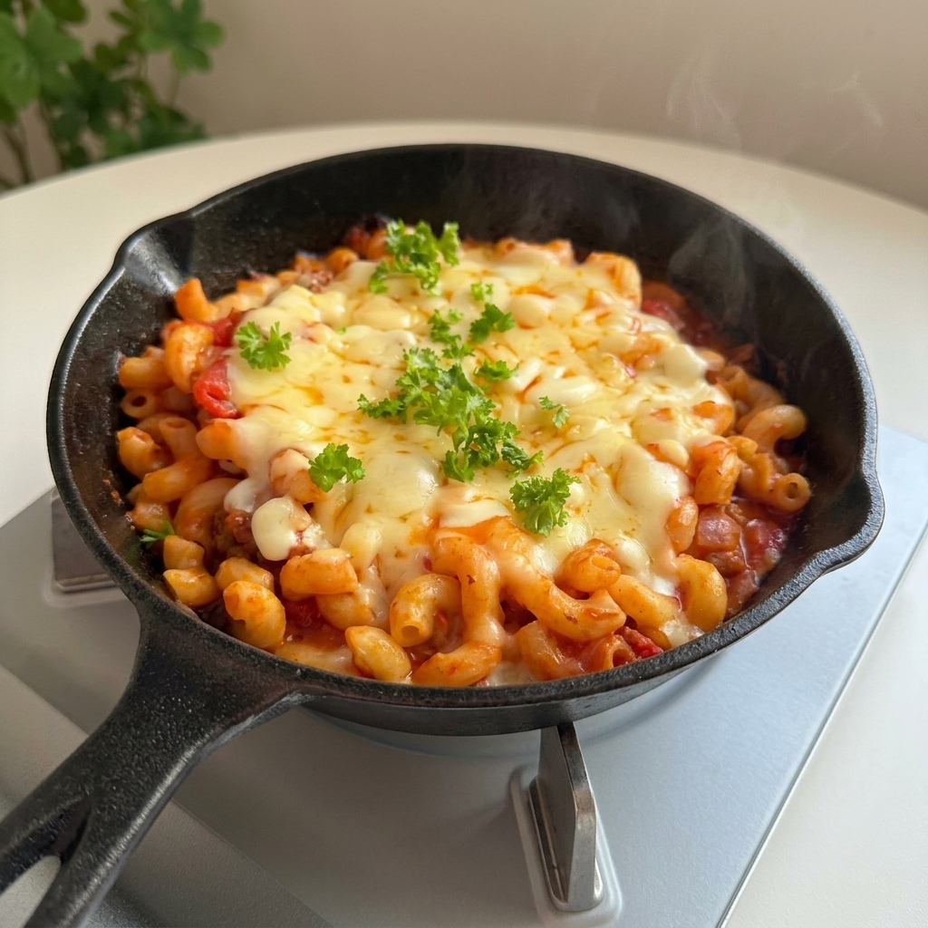 Una padella fumante di maccheroni al ragù e mozzarella, decorata con prezzemolo fresco tritato.
