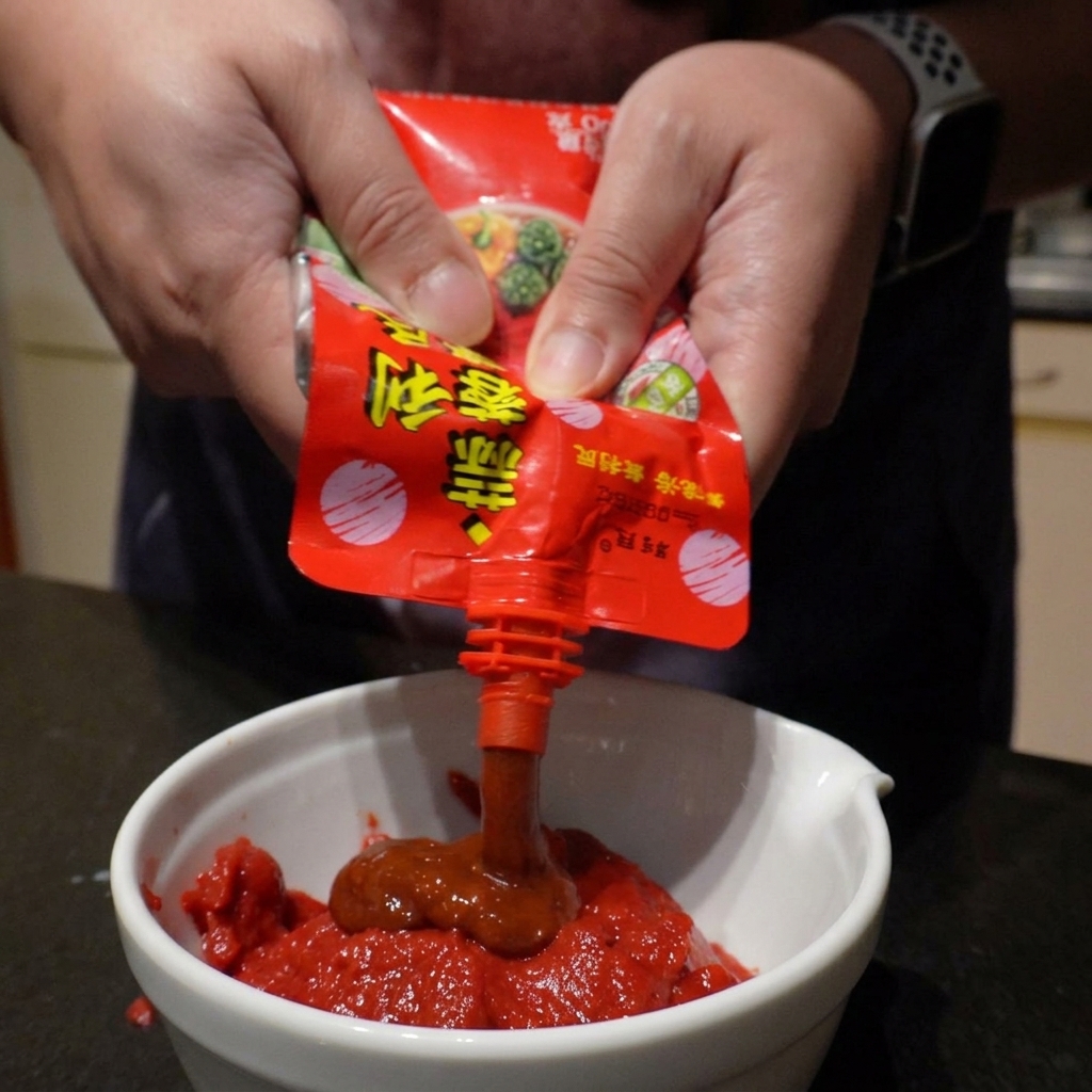 Mani che spremono una bustina di salsa chili allaglio in una ciotola bianca con concentrato di pomodoro denso.