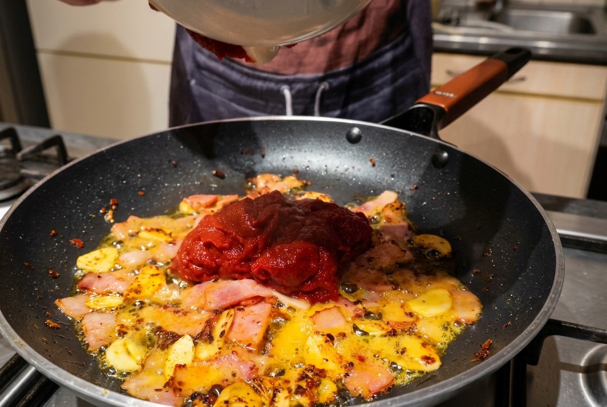 Composto rosso denso di pomodoro e peperoncino versato da una ciotola in una padella con pancetta e aglio.