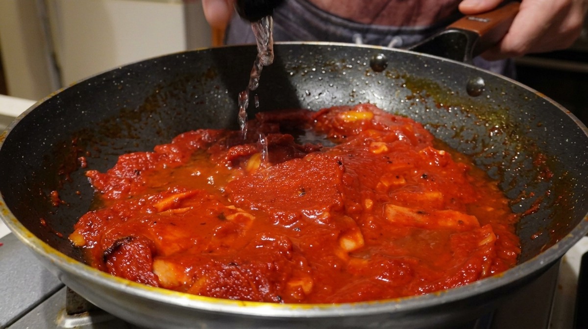 Liquido trasparente versato da un misurino in una salsa di pomodoro rossa che sobbolle in padella.