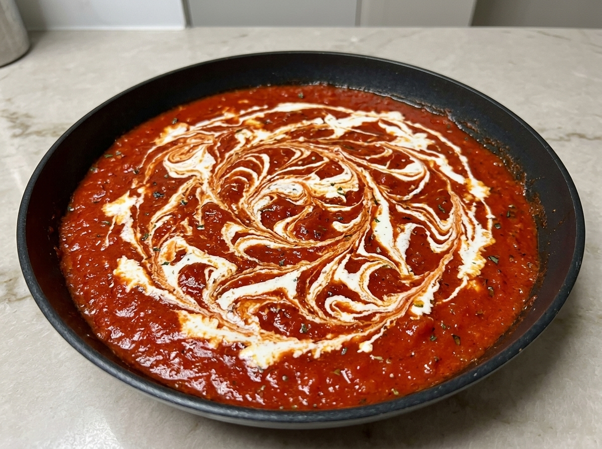 Padella calda con salsa di pomodoro rossa e striature bianche di panna fresca appena versata.