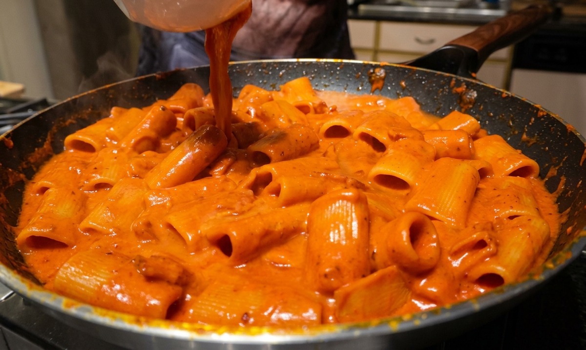 Acqua di cottura della pasta versata da una ciotolina in una padella di rigatoni al sugo rosso.