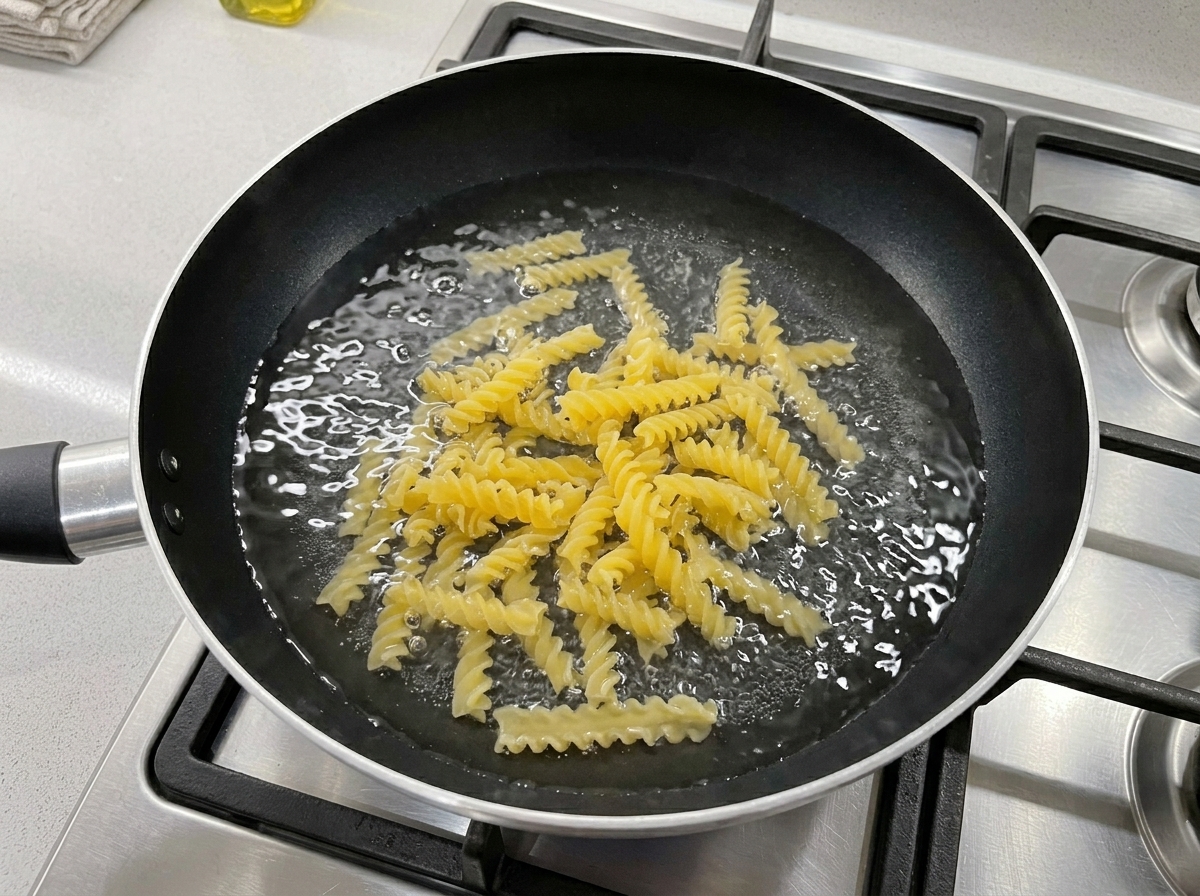 Fusilli secchi immersi in acqua fredda allinterno di una padella antiaderente nera su un fornello a gas.