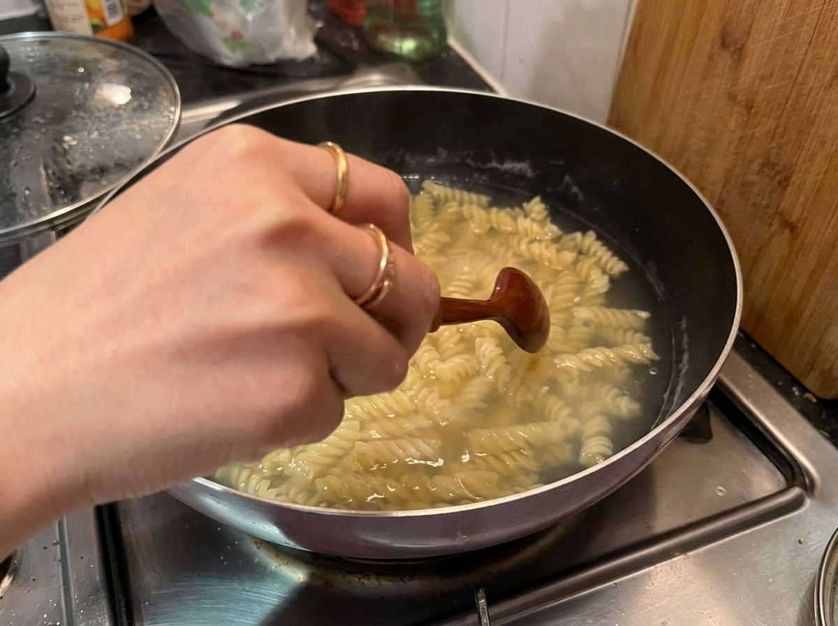 Una mano che usa un cucchiaio di legno per mescolare e raccogliere i fusilli cotti da una pentola dacqua bollente.
