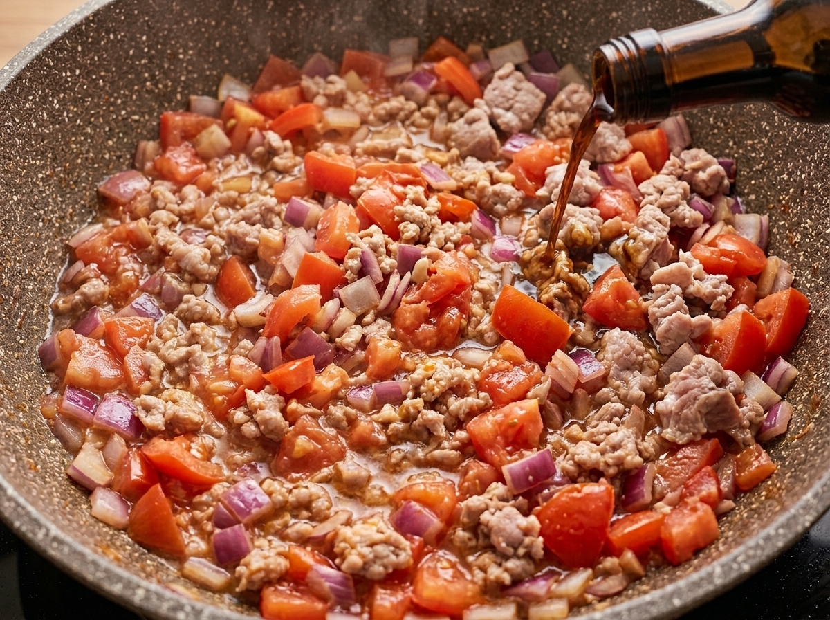 Salsa di soia chiara versata da una bottiglia in una padella con pomodori, bacon e cipolle.