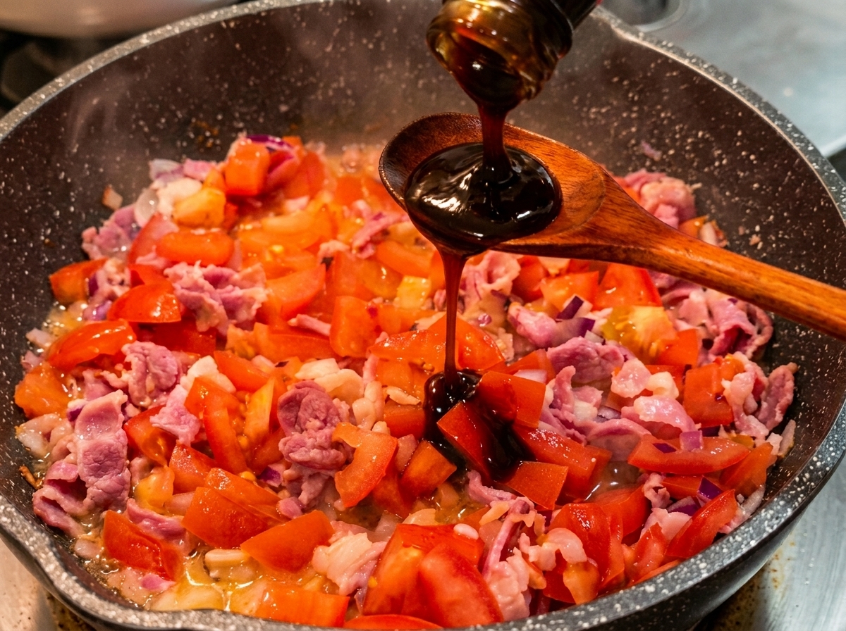 Salsa dostriche densa versata su un cucchiaio di legno sopra un sugo di pomodoro e bacon bollente.