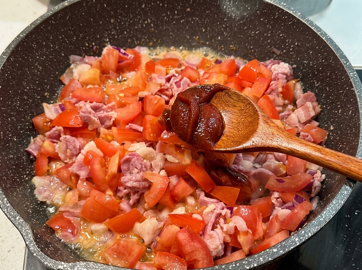 Un cucchiaio di legno che aggiunge ketchup in una padella con pomodori, bacon e cipolle.