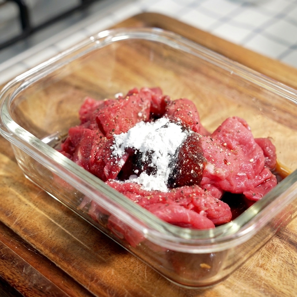 Carne di manzo a fette in una ciotola con amido di mais e marinata liquida scura.