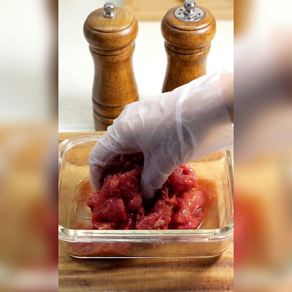 Una mano che mescola accuratamente le fette di manzo con la marinata in una ciotola di vetro.