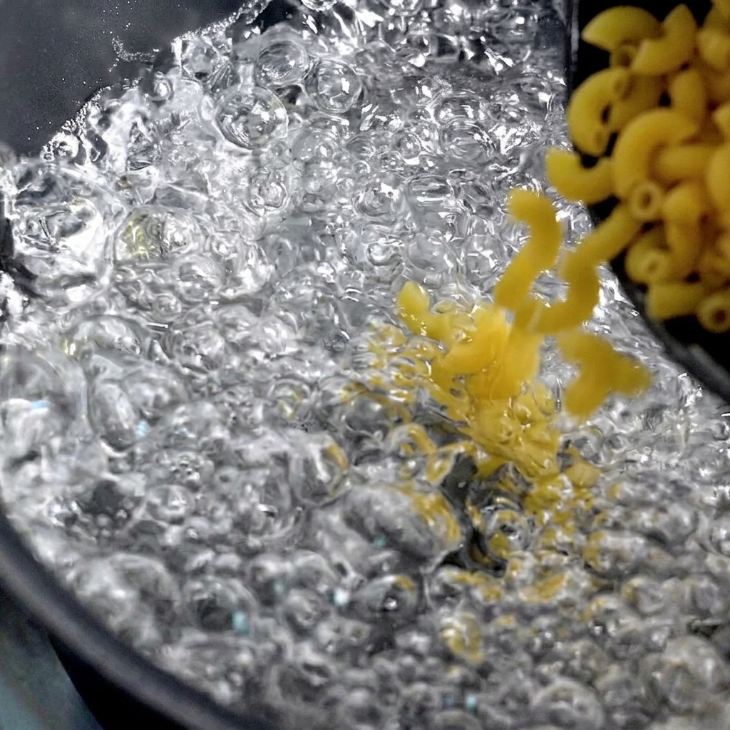 Maccheroni gialli versati in una pentola dacqua che bolle vivacemente.