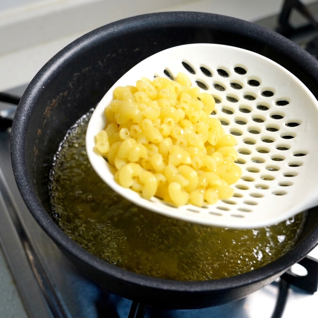 Maccheroni cotti prelevati dallacqua bollente con una schiumarola bianca.