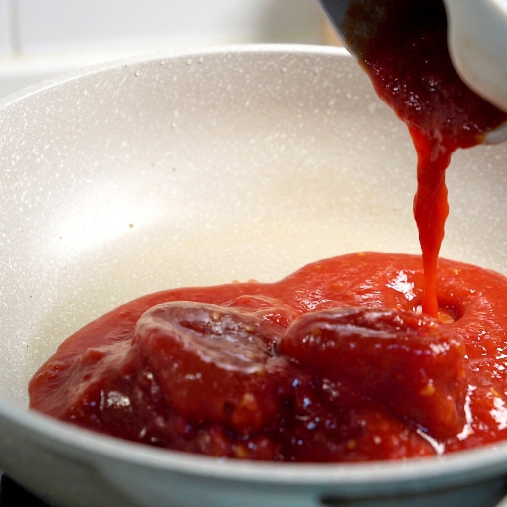 Versare il concentrato di pomodoro denso in padella sopra i pomodori pelati.