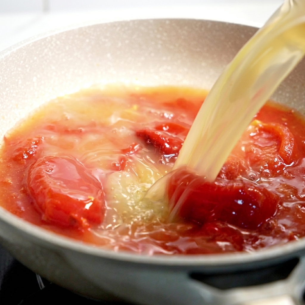 Brodo versato in una padella contenente il mix di pomodoro che sobbolle.