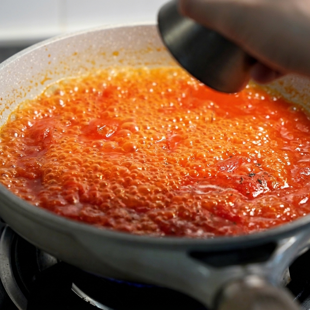 Salsa di pomodoro rosso vivo che bolle in padella mentre viene insaporita.