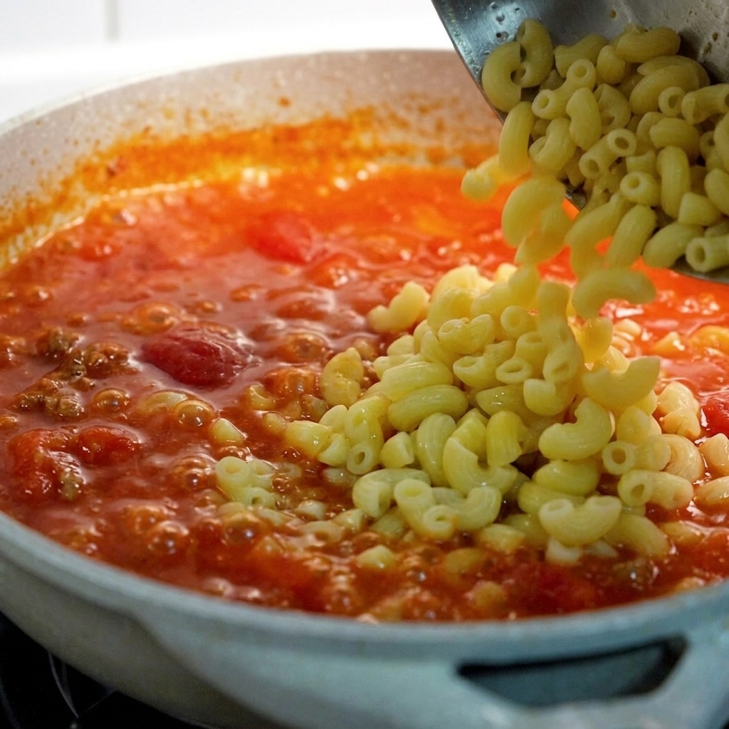 Maccheroni cotti versati da un colino in una padella con salsa di pomodoro e manzo.