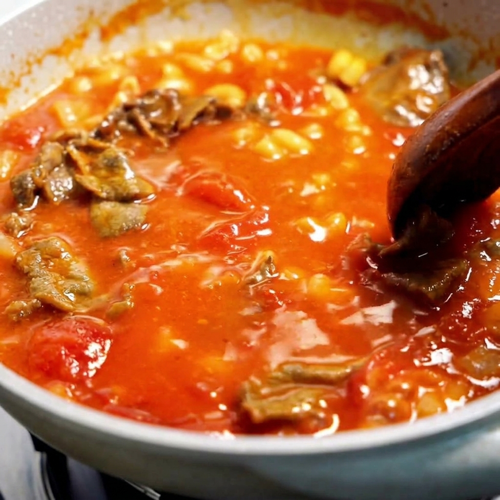 Un cucchiaio di legno che mescola maccheroni e manzo in una ricca salsa rossa.