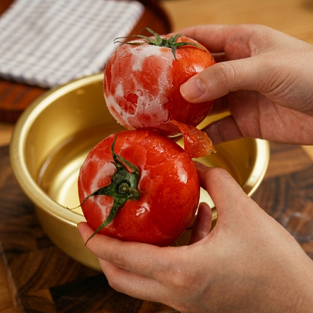 Mani che mettono pomodori surgelati in una ciotola dorata con acqua fredda.