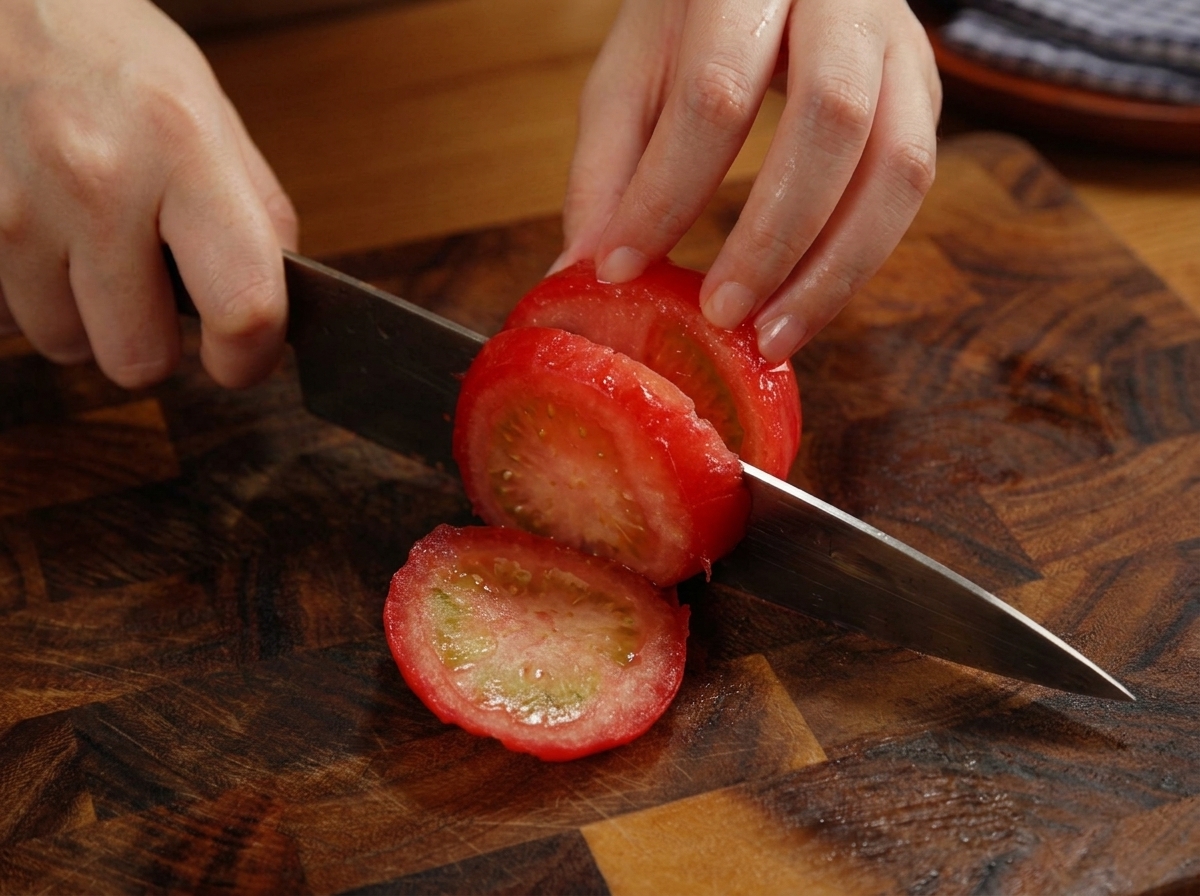 Mani che affettano un pomodoro pelato a fette spesse su un tagliere di legno scuro.