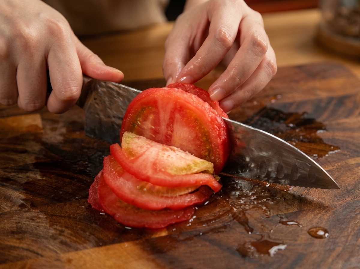 Mani che riducono le fette di pomodoro in piccoli cubetti su un tagliere.