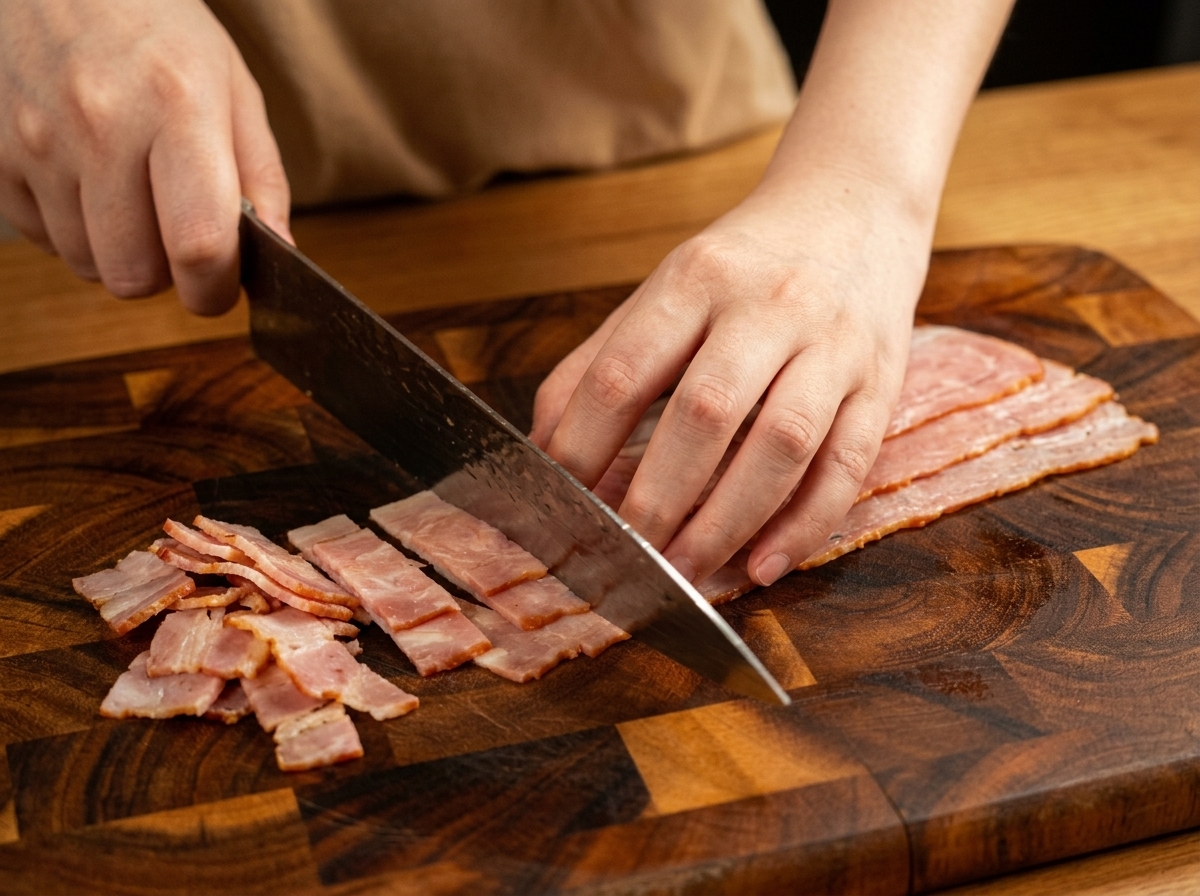 Strisce di bacon crudo tagliate a pezzetti uniformi su un tagliere di legno.