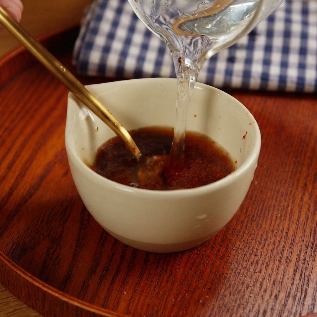 Acqua che scende da una brocca in una ciotolina con un mix di spezie rosso scuro.