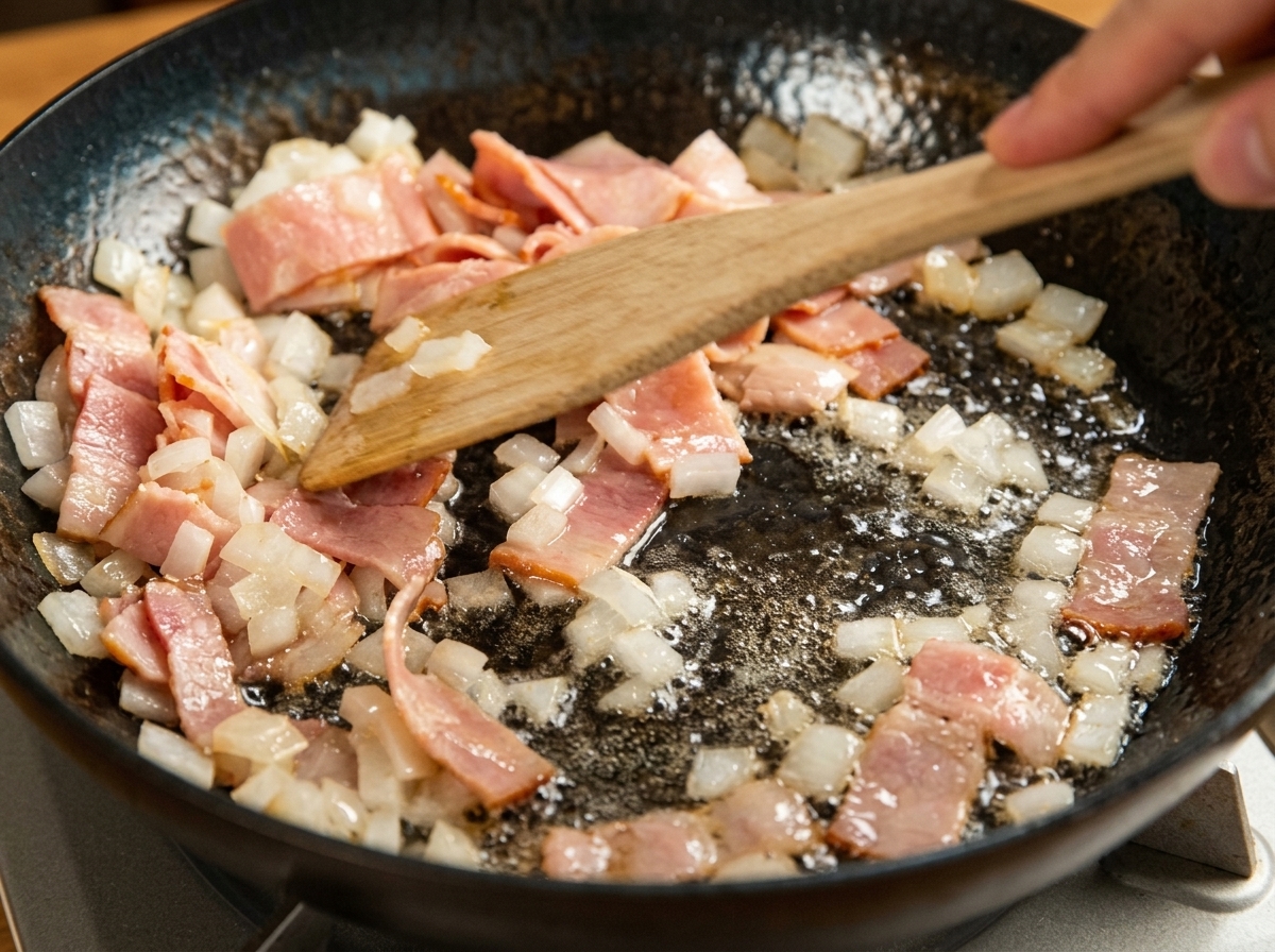Spatola che salta pezzetti di bacon e cipolla in una padella rovente.