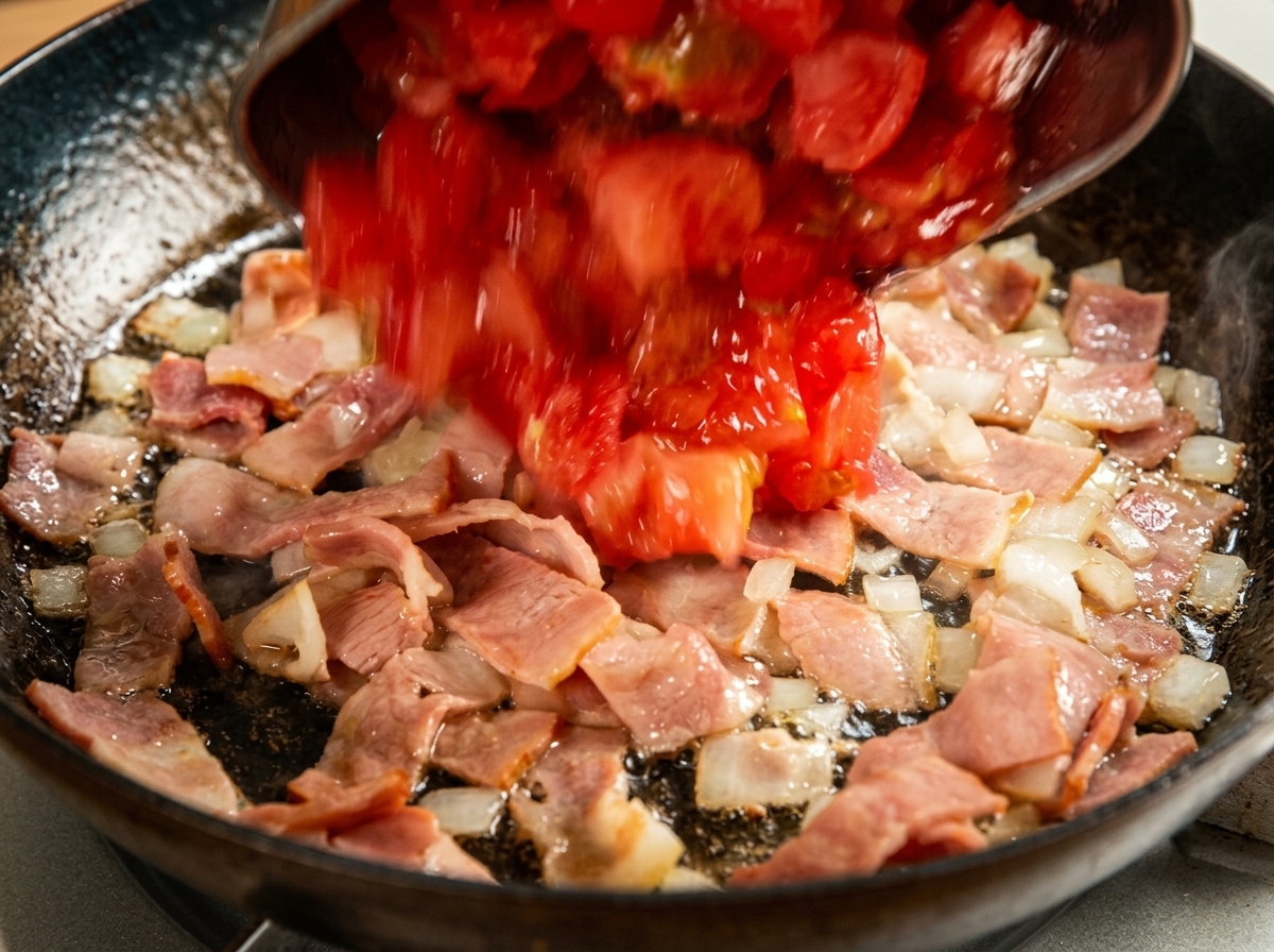 Cubetti di pomodoro versati in una padella con bacon e cipolle soffritti.