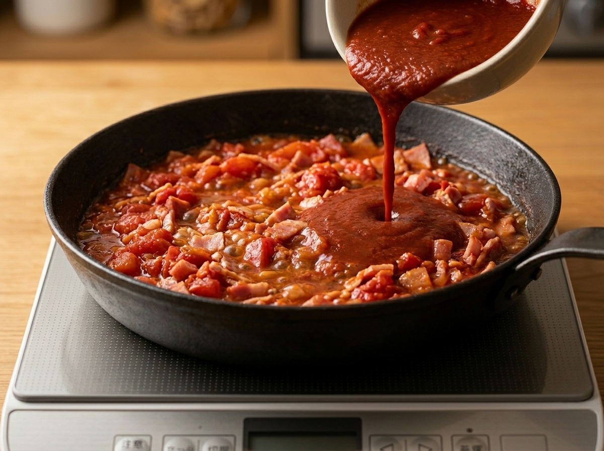 Salsa rossa piccante versata in una padella bollente con pomodori, bacon e cipolle.