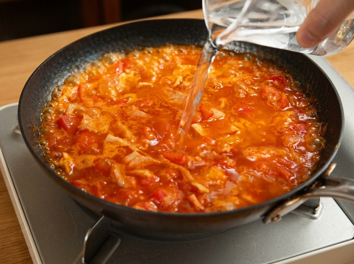 Acqua versata in una salsa al pomodoro e bacon che bolle in padella.