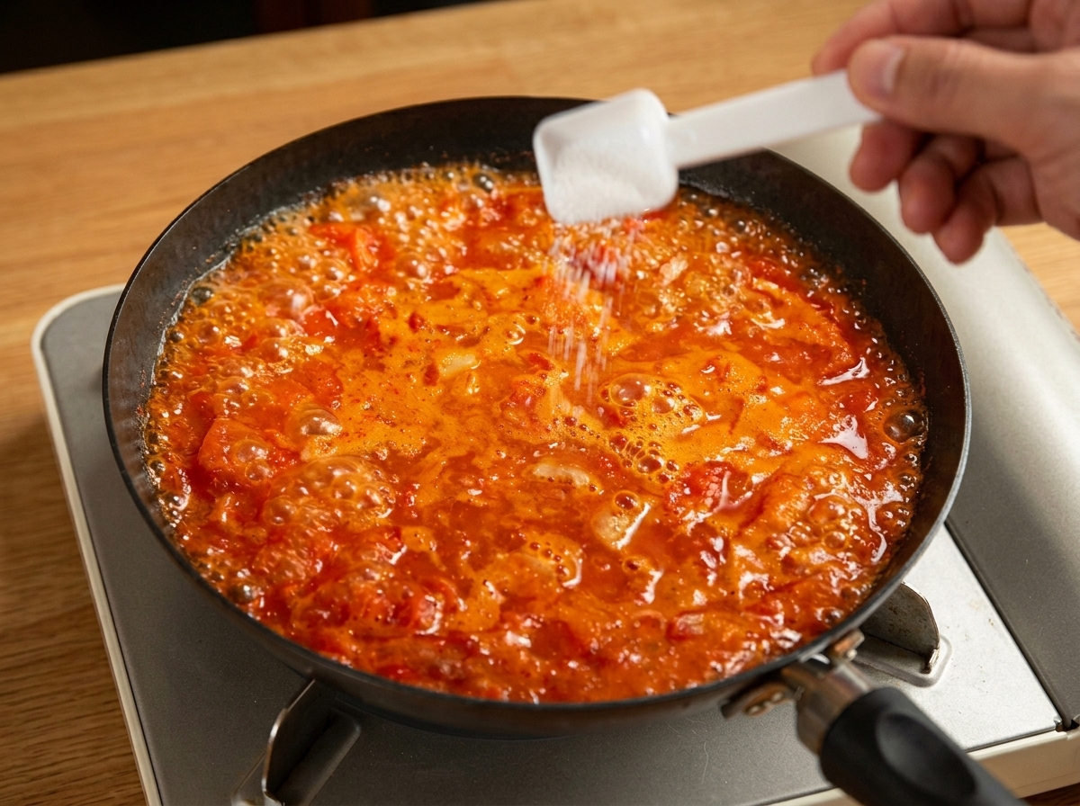 Mano che spolvera del sale in una salsa di pomodoro rosso acceso in una padella nera.