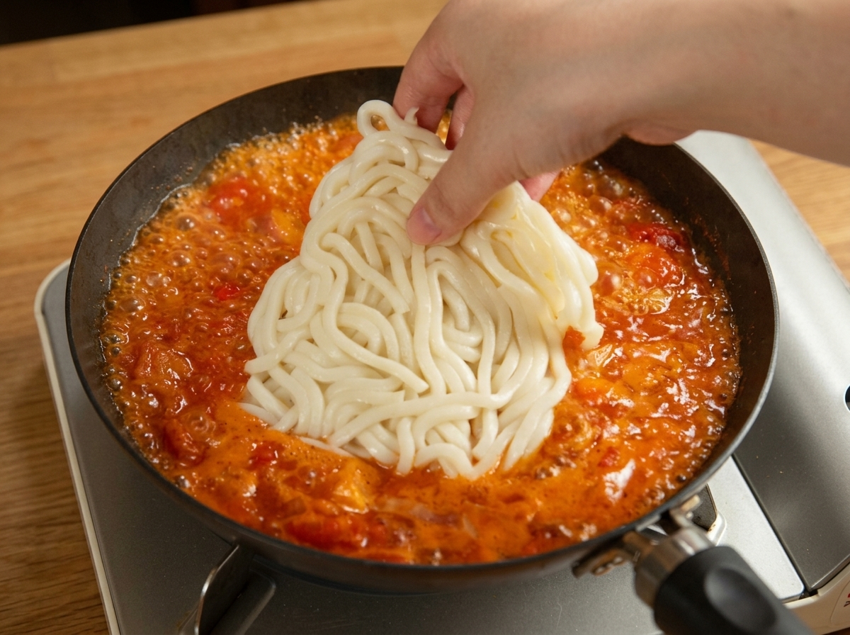Mano che adagia un panetto di udon bianchi in una padella con sugo rosso bollente.