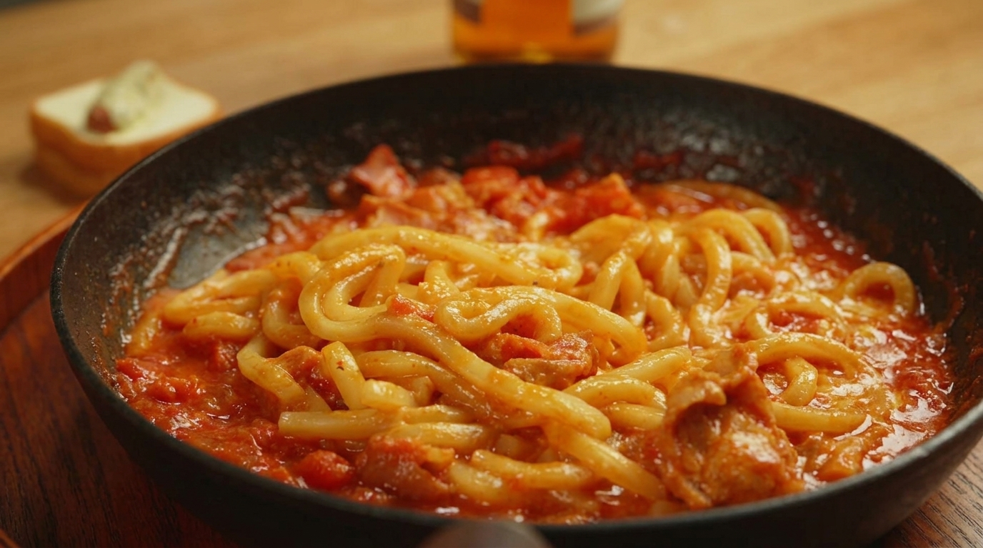 Udon cremosi con pomodoro, bacon e formaggio filante