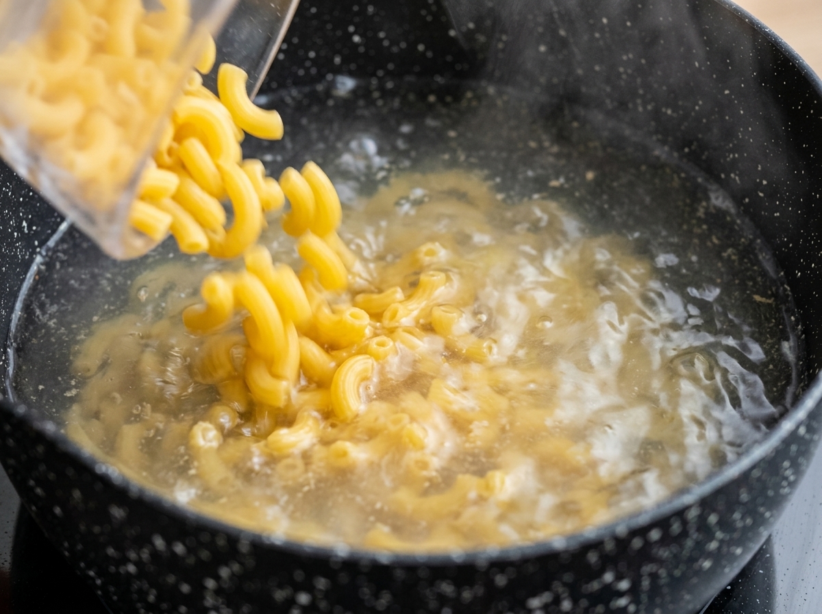 Maccheroni secchi che cadono da un contenitore trasparente in una pentola nera con acqua bollente.