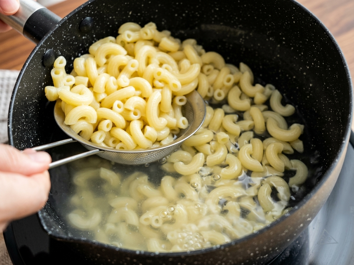 Maccheroni cotti sollevati da una pentola dacqua calda usando un colino a rete.