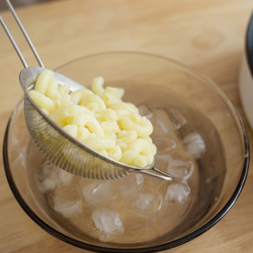 Maccheroni caldi trasferiti da un colino in una ciotola di vetro con acqua fredda e cubetti di ghiaccio.