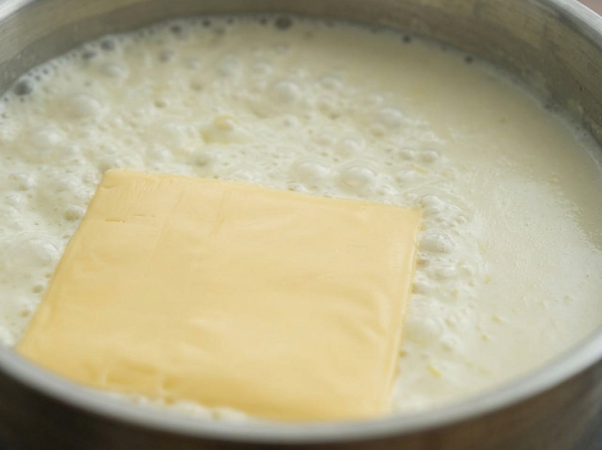 Una fetta quadrata di formaggio giallo che si scioglie in una salsa di latte cremosa e calda.