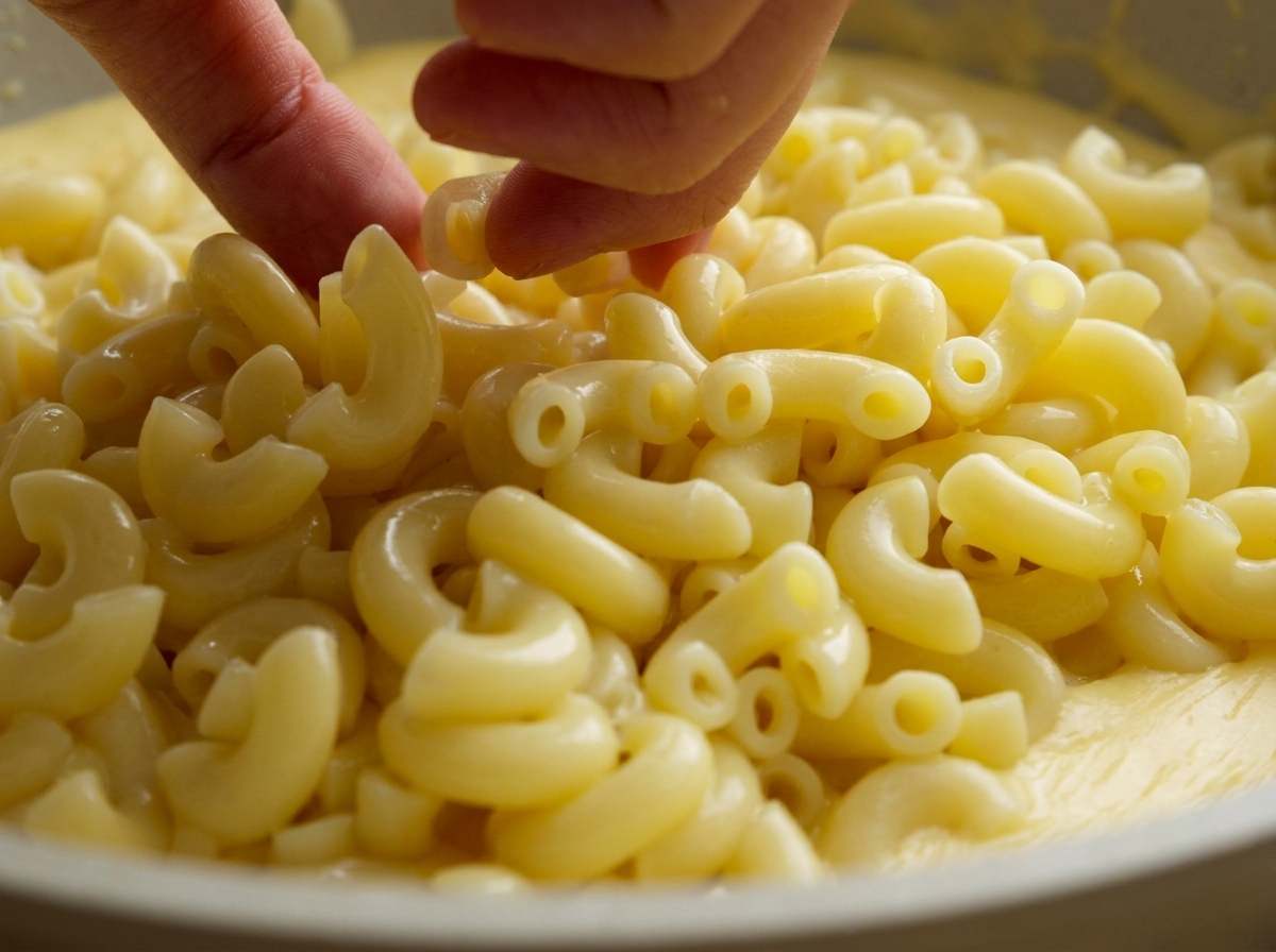 Mani che fanno cadere manciate di maccheroni cotti in una padella piena di salsa al formaggio.