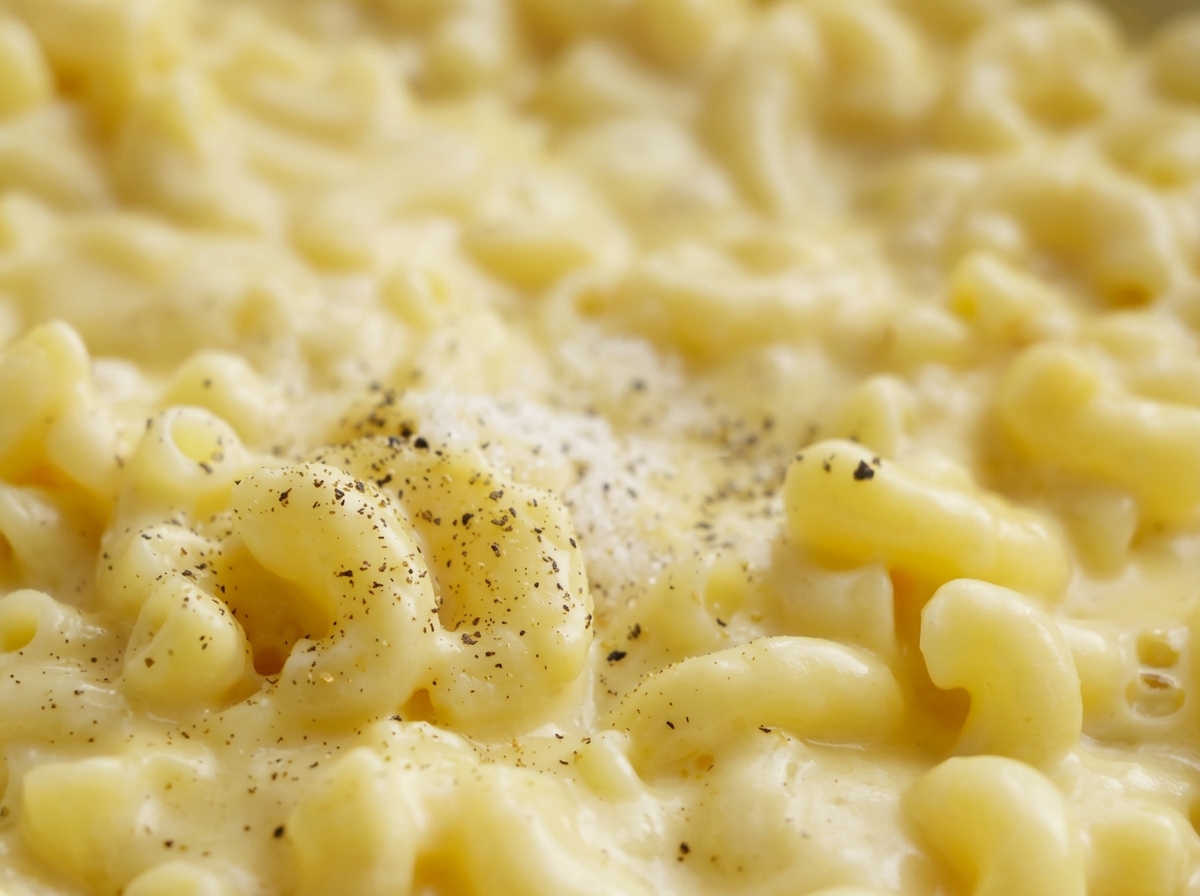 Primo piano dei maccheroni cremosi con grani di pepe nero macinato fresco.