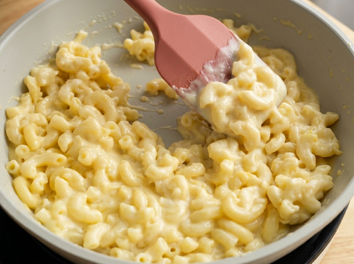 Una spatola in silicone rosa che mescola i cremosi maccheroni al formaggio in padella.