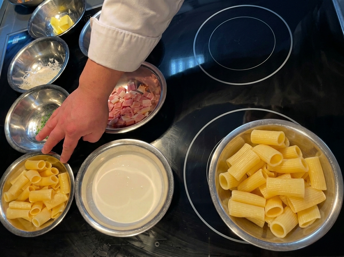 Ingredienti per la cottura pre-misurati tra cui maccheroni, panna e pancetta a cubetti disposti in piccole ciotole di metallo.