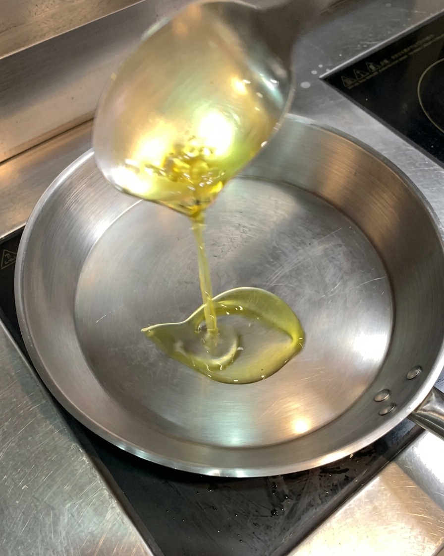Un mestolo che versa olio di semi trasparente in una padella calda in acciaio inossidabile.