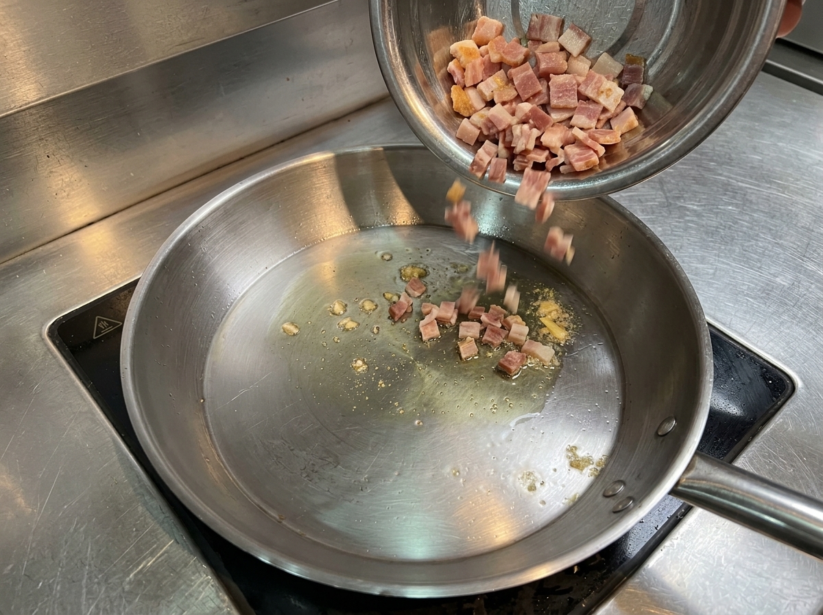 Pancetta cruda a cubetti versata in una padella calda con olio da una ciotola di metallo.