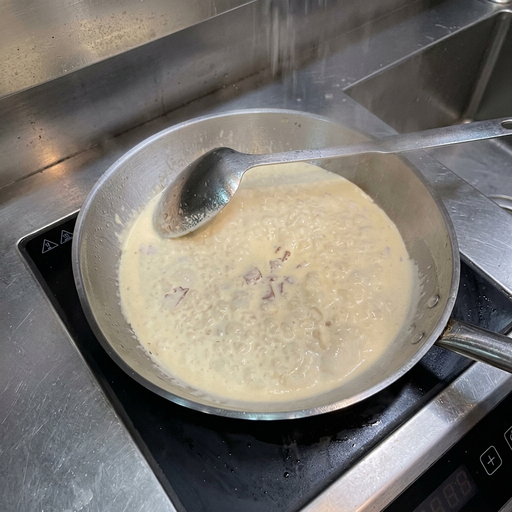 Sale spolverato dallalto in una padella con panna e pancetta che sobbolle.