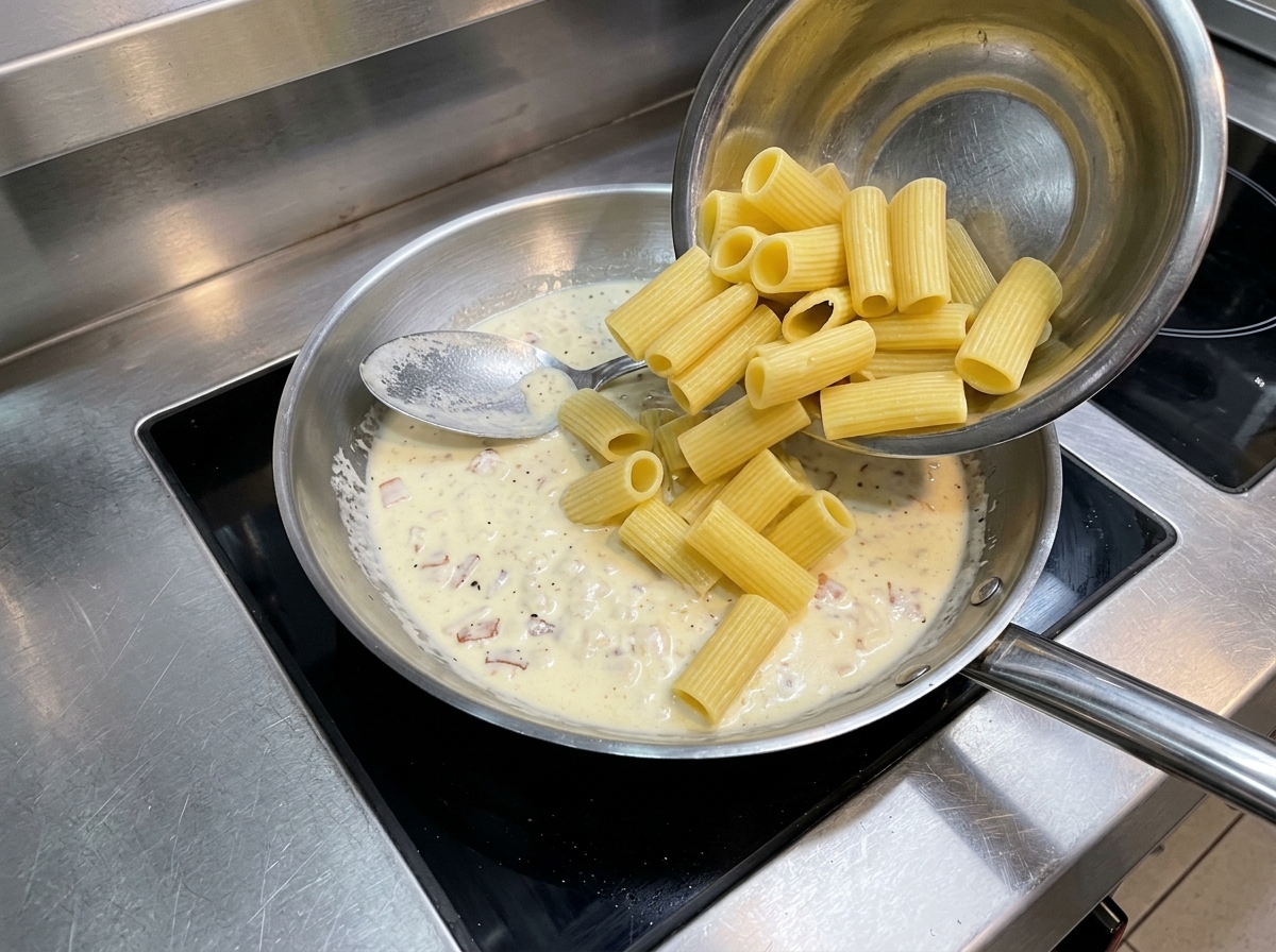Rigatoni precotti versati da una ciotola di metallo in una padella con salsa alla panna.