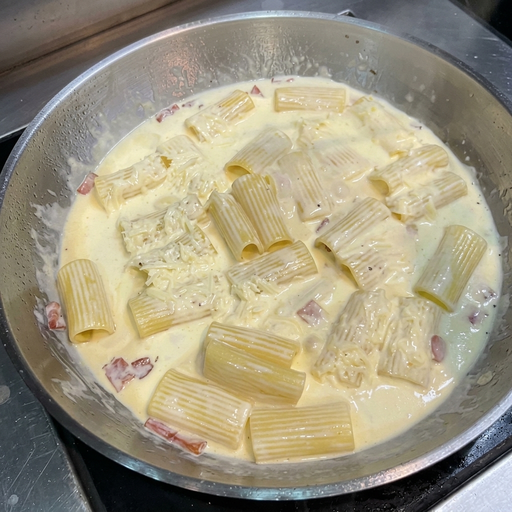 Rigatoni e pancetta che sobbollono in salsa cremosa con un pezzetto di burro che si scioglie sopra.