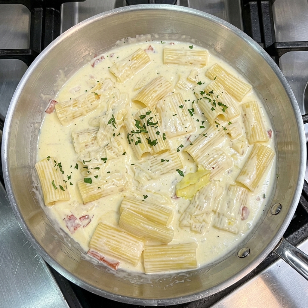 Rigatoni in salsa bianca con pancetta guarniti con prezzemolo verde fresco tritato.